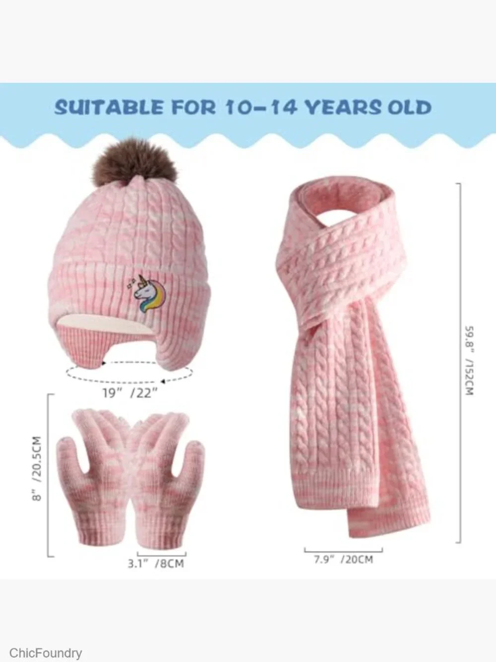 Kids Winter Hat Gloves Scarf Set Warm Fleece Lining 3-Piece 2-14 Years